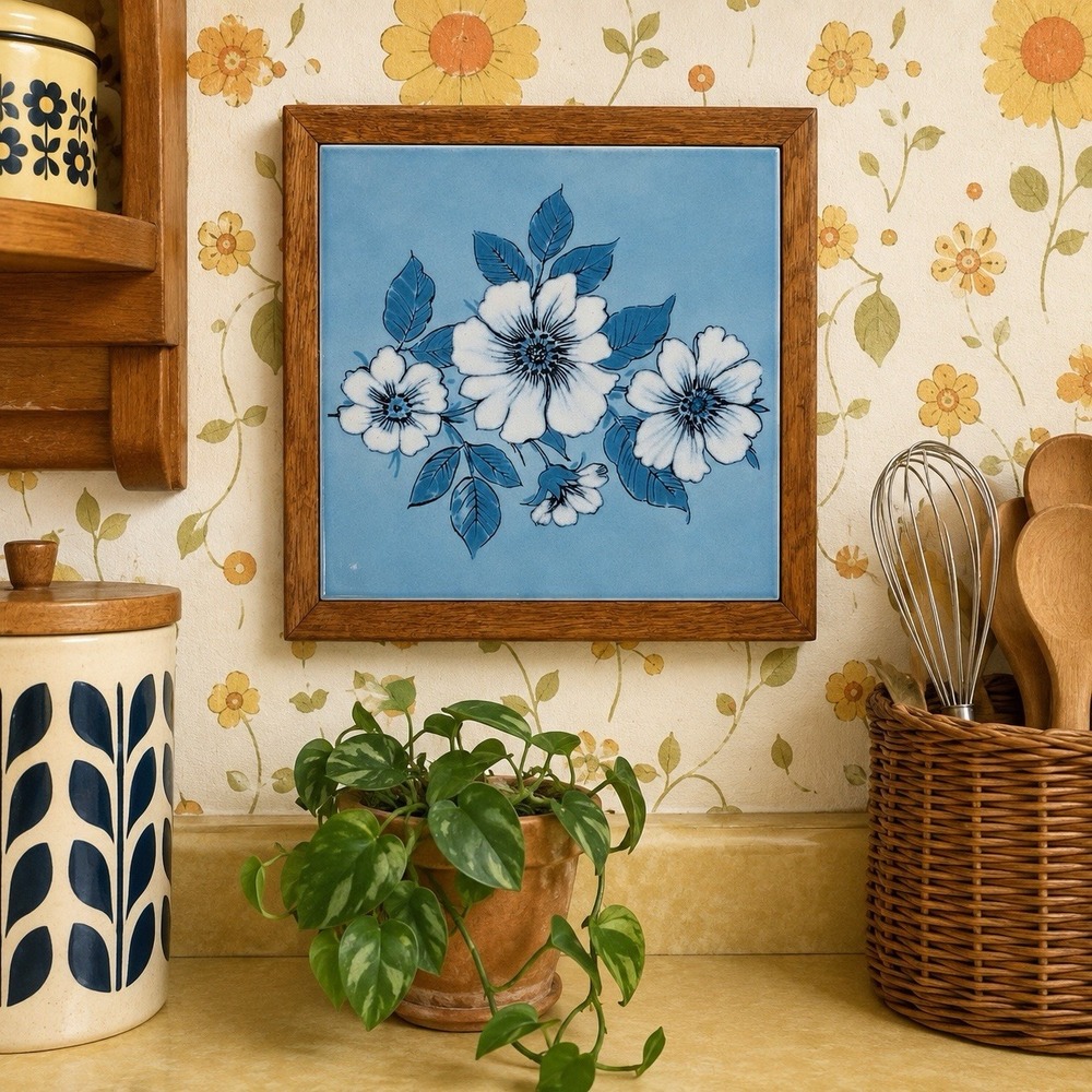 1970s Blue Daisy Ceramic 9" Trivet  Wall Decor Vintage Whimsy Retro Floral